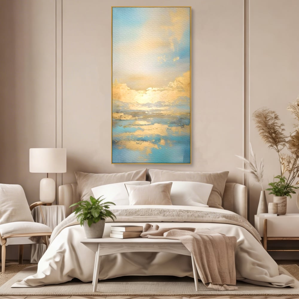 Tablou canvas cu tablou canvas cu peisaj marin abstract, in rama de aluminiu auriu, pe perete intr-un dormitor